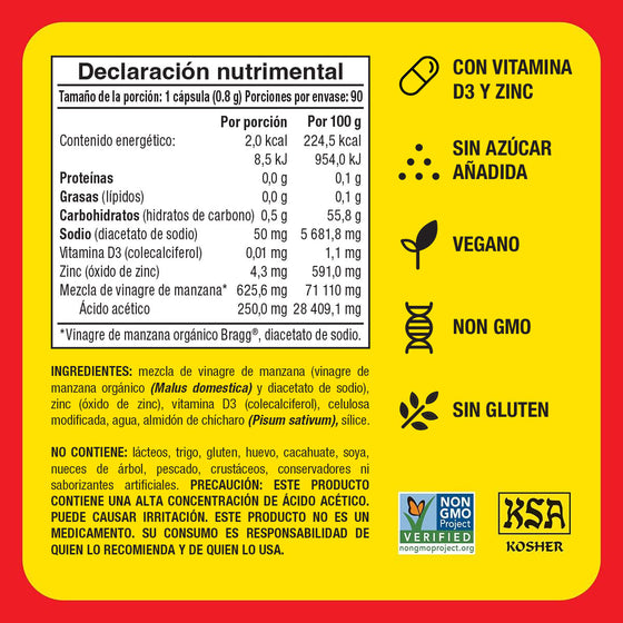 Suplemento alimenticio a base de vinagre de manzana Bragg con vitamina D3 y Zinc